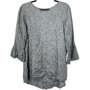 Crown Linen Designs | Bell Sleeve Tunic Top Blue Striped Linen Womens M